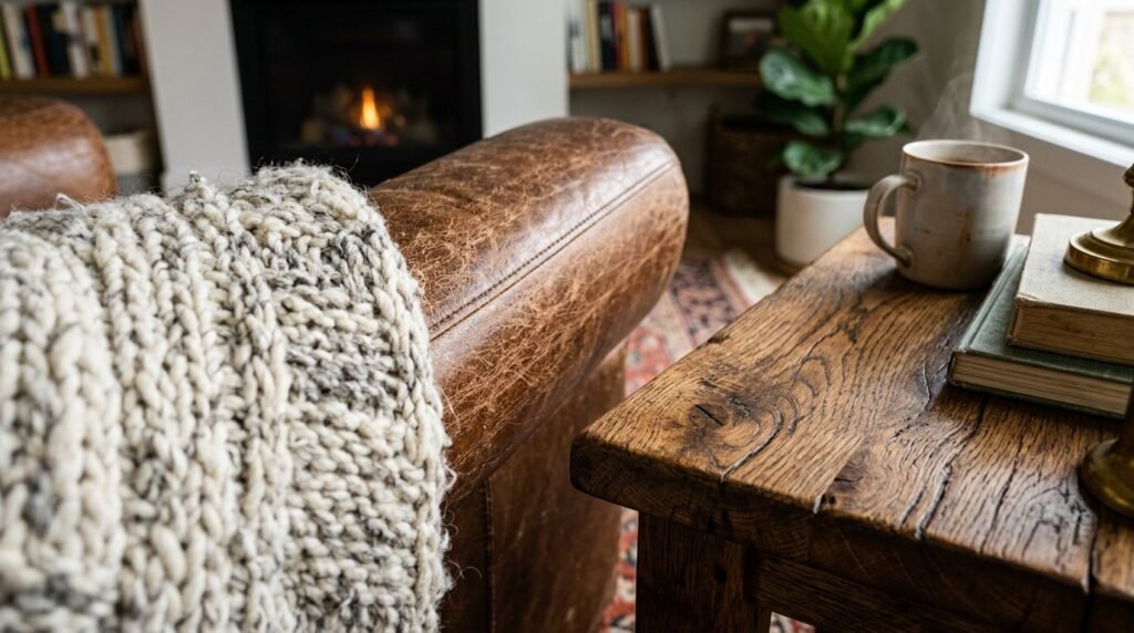 Close up view of premium leather textured upholstery fabric swatches.