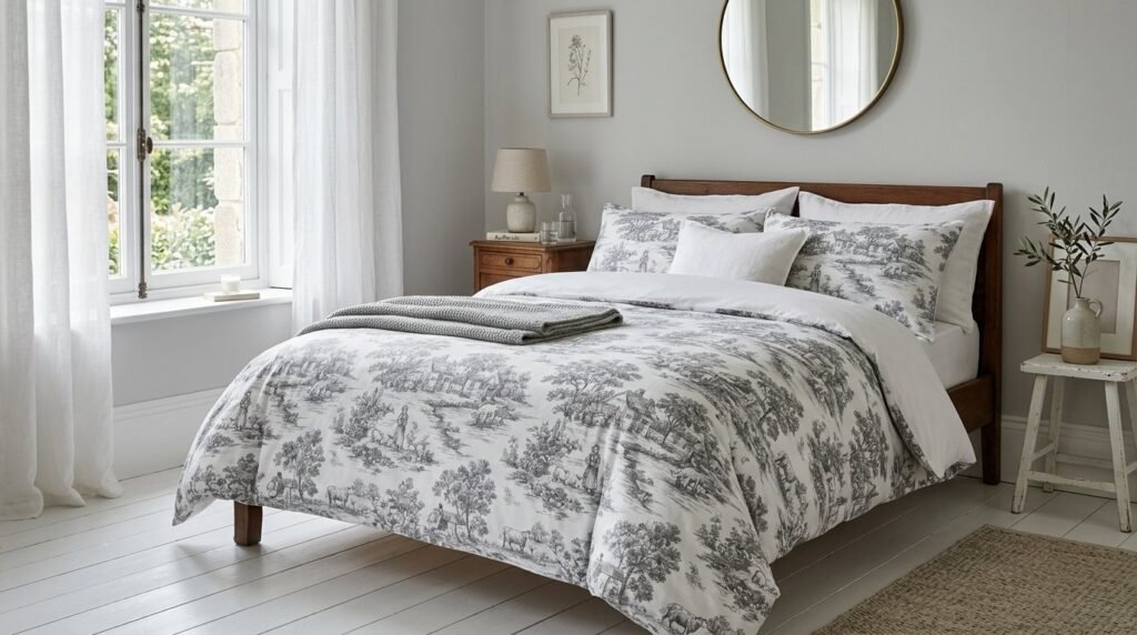A high-quality soft grey duvet cover styled on a bed in a bright modern bedroom.