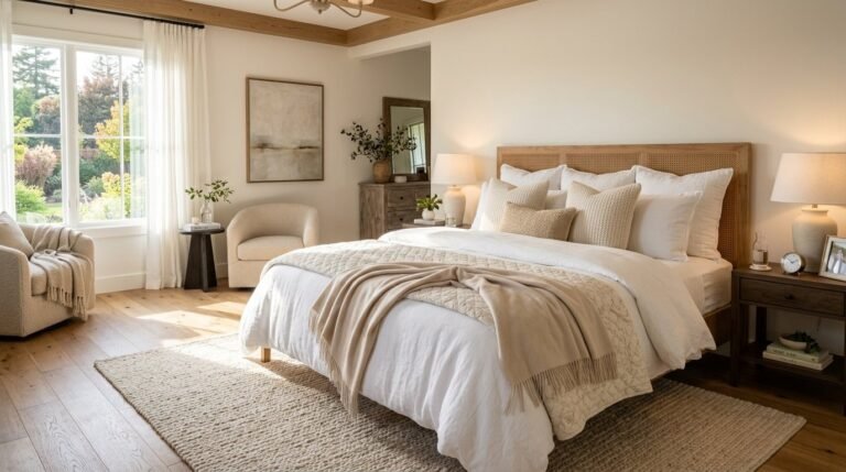 A luxurious modern master suite with sophisticated decor and contemporary design elements.