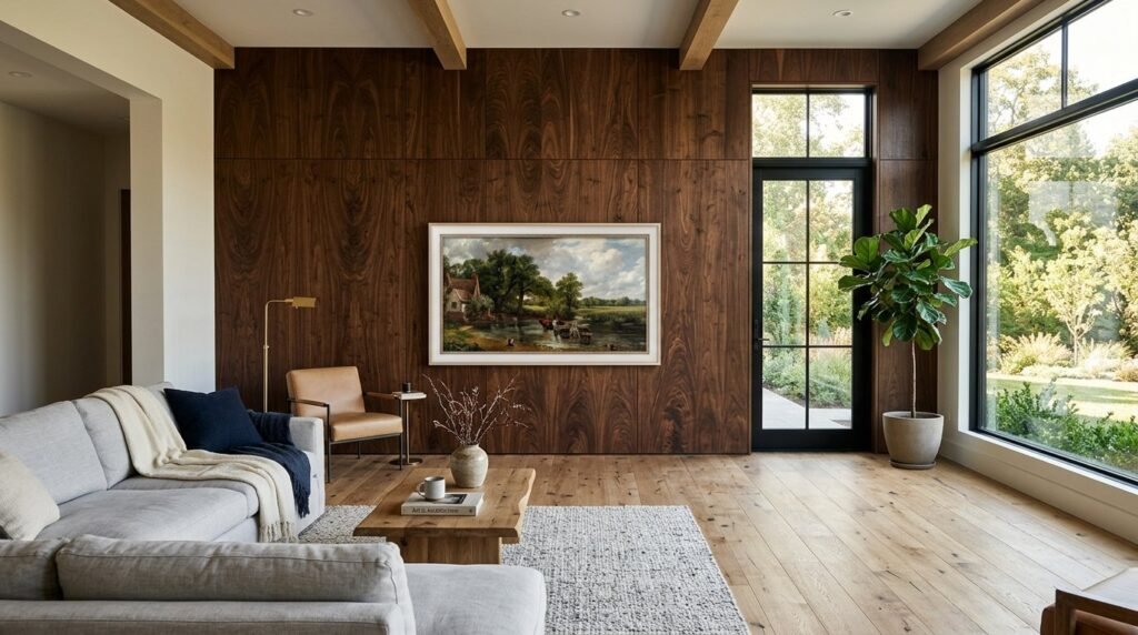 Close up view of modern interior wall featuring high quality walnut wood panels with grain details.