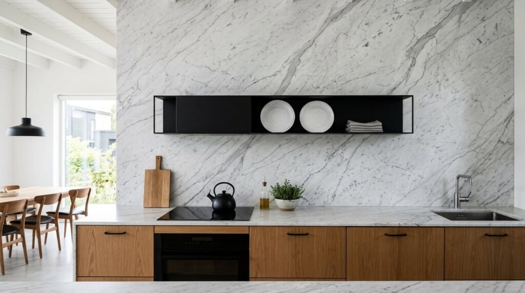 Close up view of a polished white marble slab backsplash in a contemporary kitchen design.