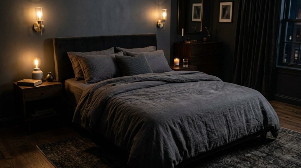 Close up view of soft textured charcoal grey bed sheets on a neatly made bed.