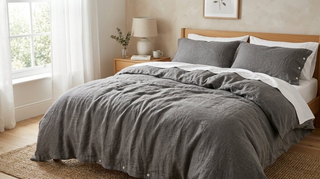 A close-up of a soft and textured grey linen duvet styled on a comfortable bed.