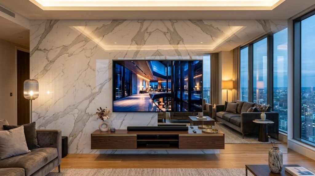 A sleek and elegant luxury TV wall design featuring modern decor and ambient lighting in a high-end living room.
