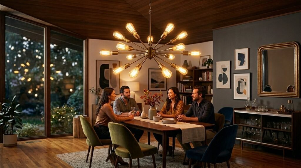 A glowing brass sputnik chandelier with multiple arms and light bulbs in a modern living room.