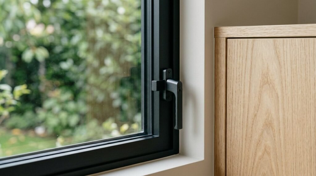 A close-up view of a modern black window frame against a neutral white wall.