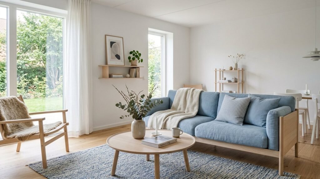 A serene minimalist room with modern furniture and clean lines.
