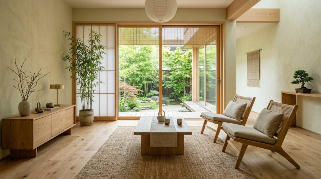 A serene Japandi style living room with minimalist wooden furniture and neutral decor.