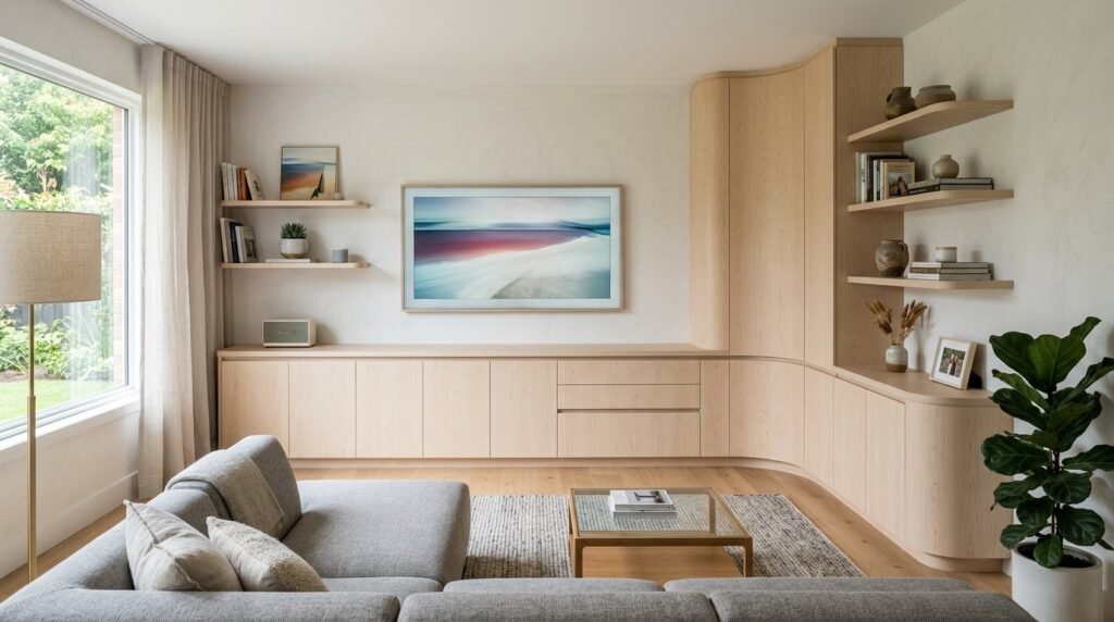 A sleek modern TV console made of natural light wood standing against a plain wall.