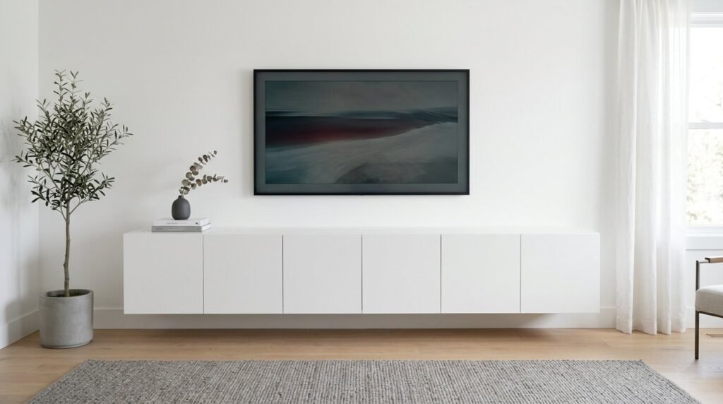 Sleek white media cabinet standing against a wall in a brightly lit modern living room interior.