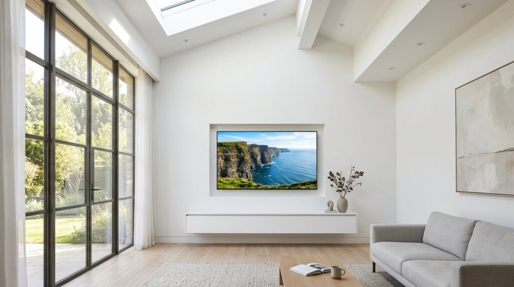 A close up view of a clean minimalist white wall texture with soft lighting.