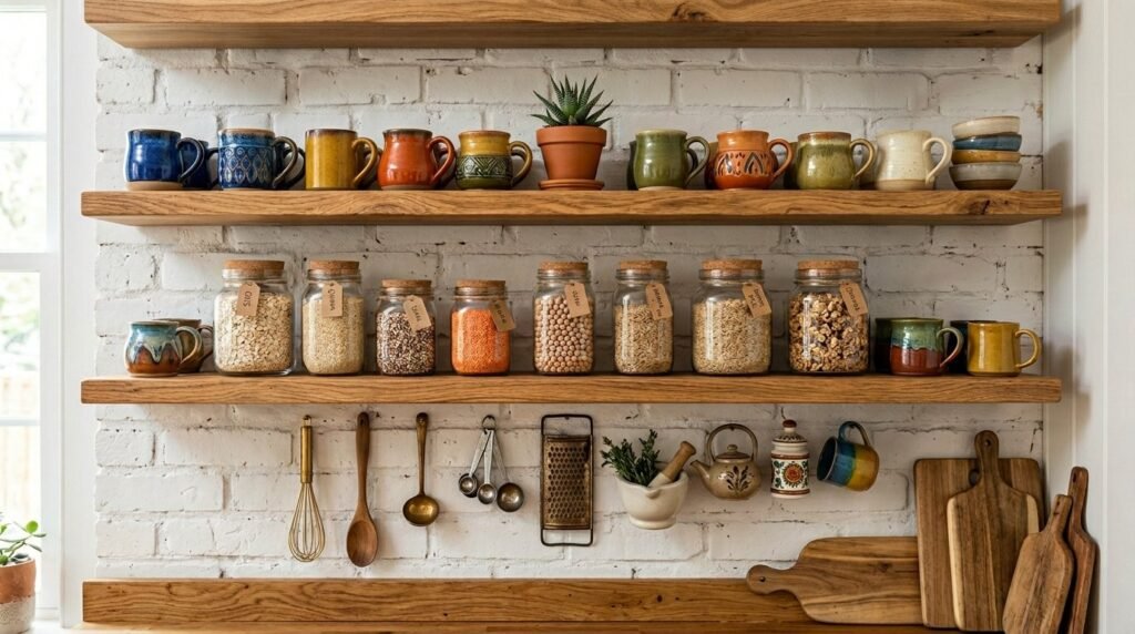 Clean minimalist white wooden shelves mounted on a wall in a modern living space.