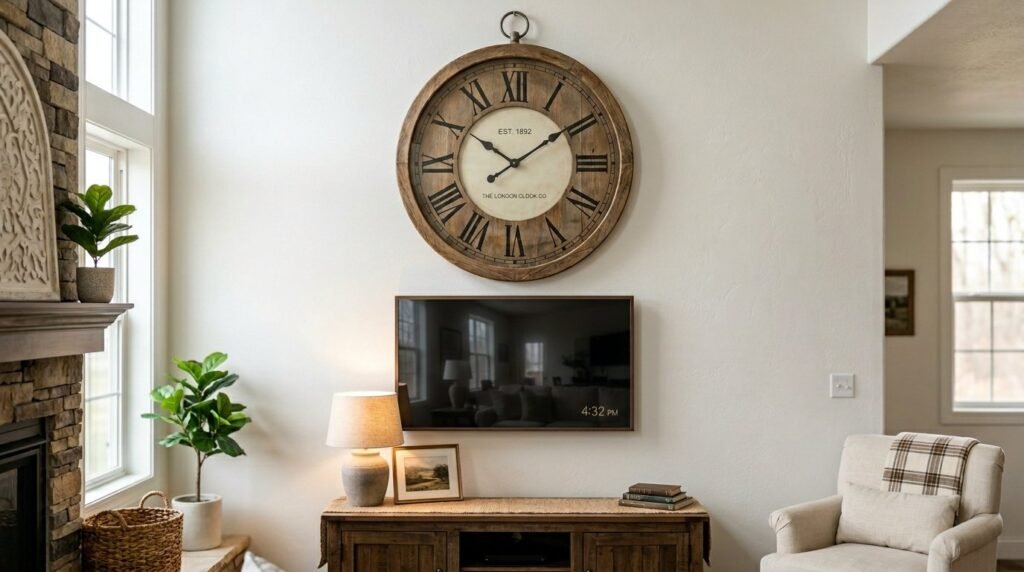 A sleek, minimalist wooden wall clock mounted on a neutral interior wall.