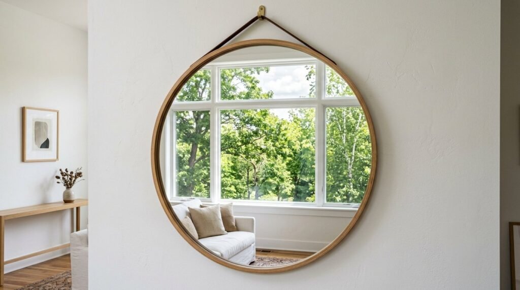 A decorative mirror mounted on a wall reflecting light from a nearby window.