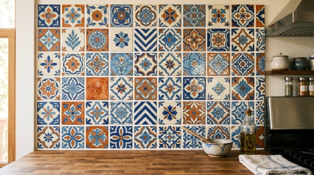 A collection of mismatched hand painted decorative ceramics displayed on a rustic wooden table.