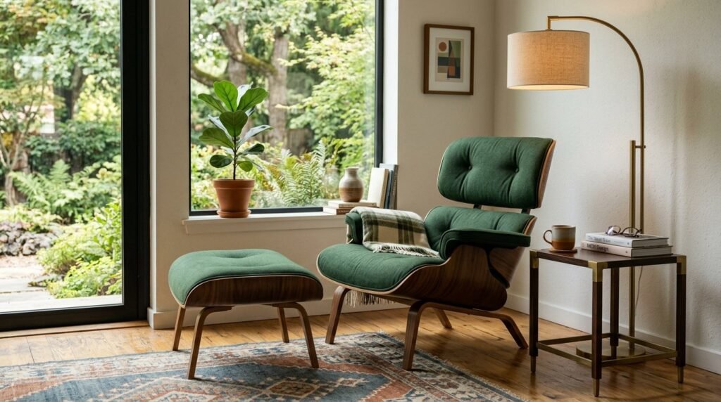 A stylish modern lounge chair positioned in a brightly lit minimalist living room.