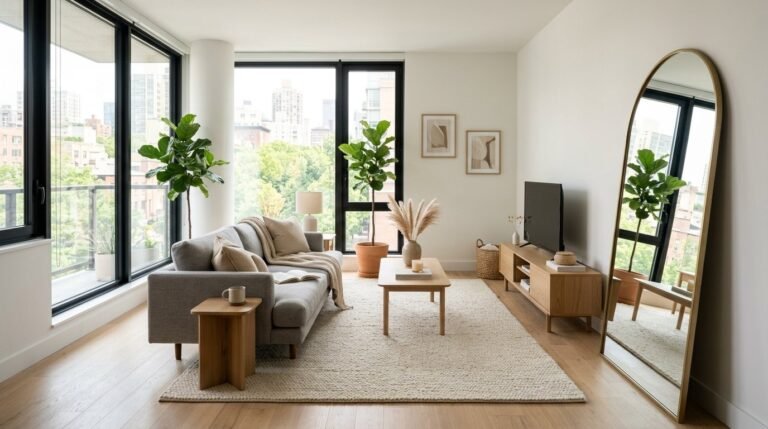 A bright and stylish modern apartment living room with contemporary furniture and decor.
