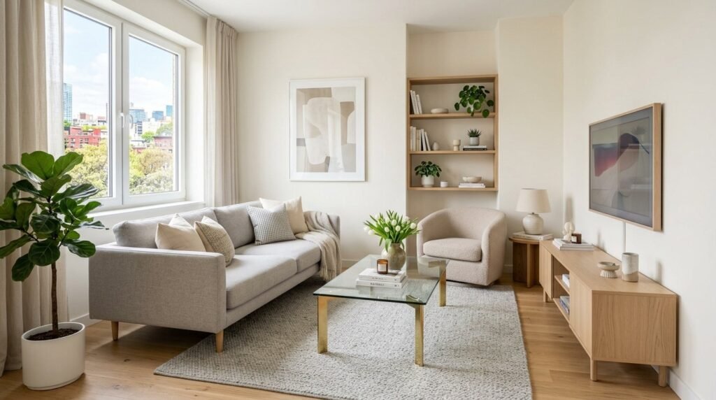 A modern apartment living room with contemporary furniture and natural lighting.