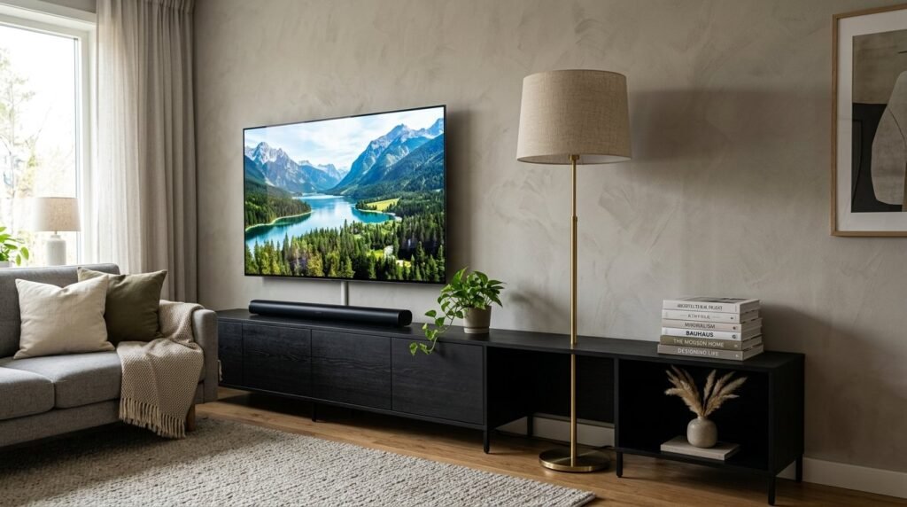 A modern living room featuring an artistic and asymmetrical TV wall layout design.
