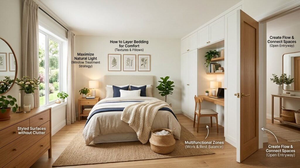 A beautifully staged minimalist bedroom interior featuring contemporary furniture and neutral decor.