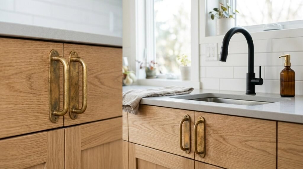 Close up view of a sophisticated modern kitchen faucet featuring a matte black and brushed brass finish.