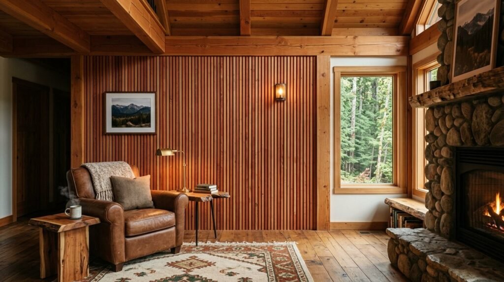 A beautiful interior wall featuring warm natural cedar wood slats in a modern residential setting.