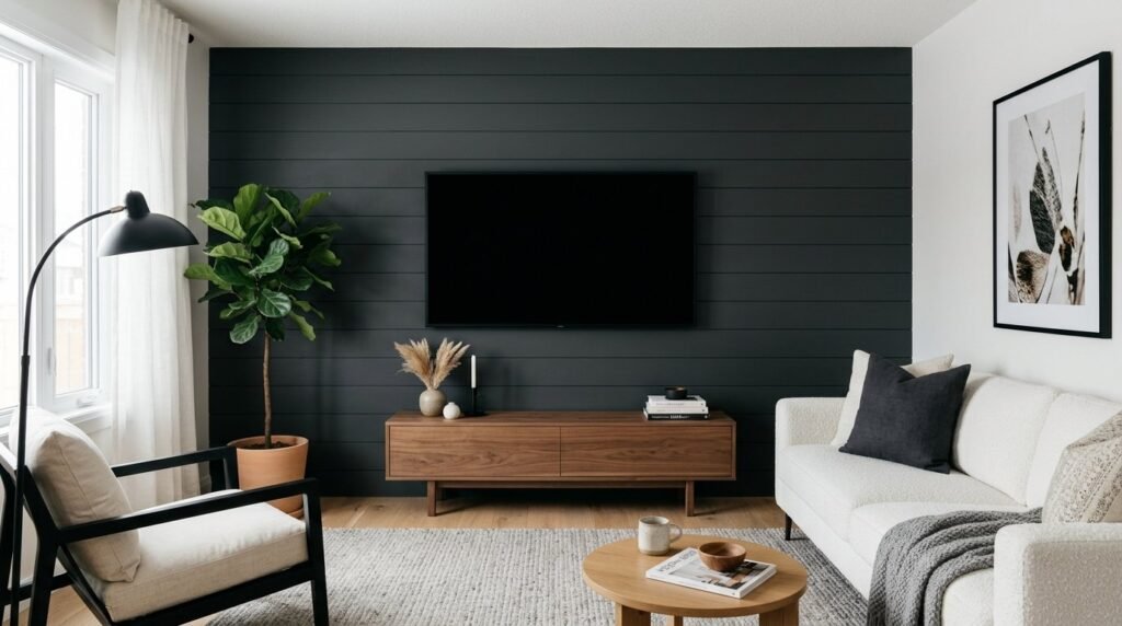 Modern interior design featuring a dark charcoal shiplap accent wall with clean lines and soft lighting.