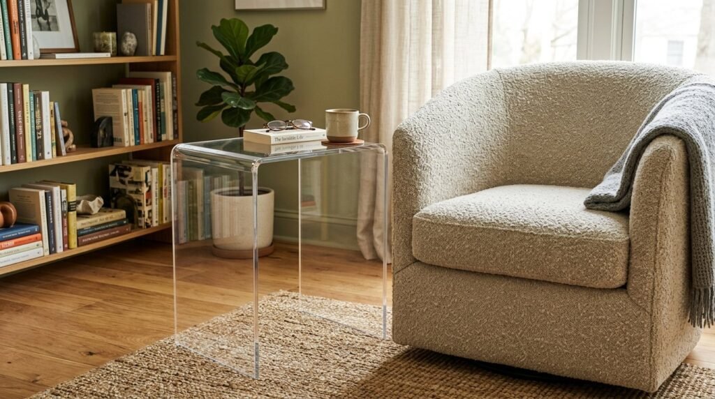 A sleek, transparent acrylic side table placed next to a modern chair in a brightly lit, minimalist living space.