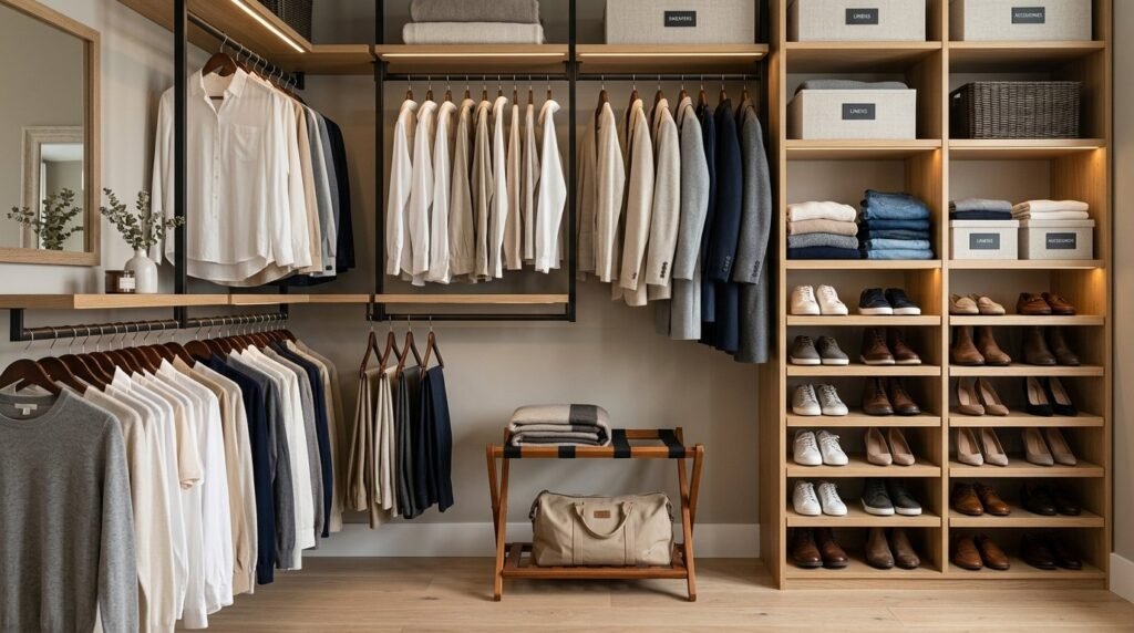 A beautifully organized modern closet system with shelves, hanging rods, and drawers.