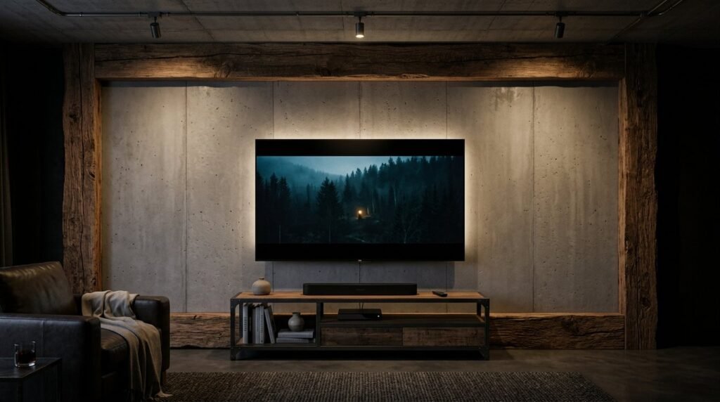 A sleek modern living room interior featuring a textured concrete wall with an integrated flat screen television.