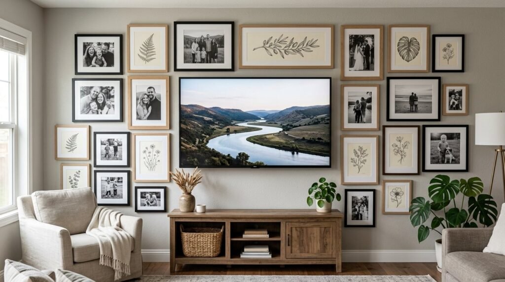 A stylish gallery wall displaying a curated collection of framed art pieces in a contemporary home.