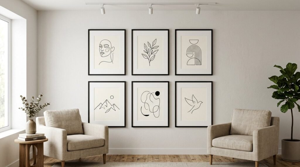 A beautifully arranged gallery wall featuring framed artwork in a bright, modern living space.