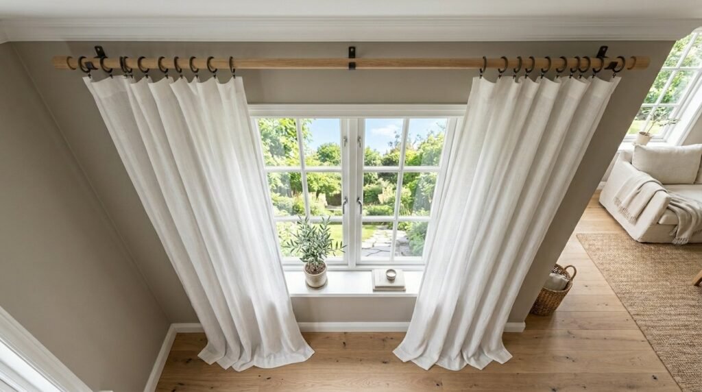 Close-up view of a high-quality, modern curtain rod installed on a wall bracket.