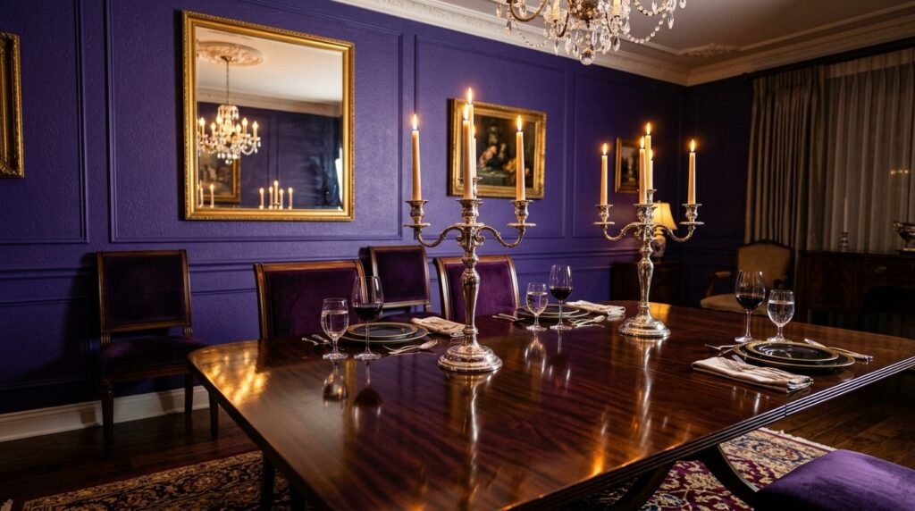 A stylish dining room interior featuring a bold purple accent wall and contemporary furniture design.