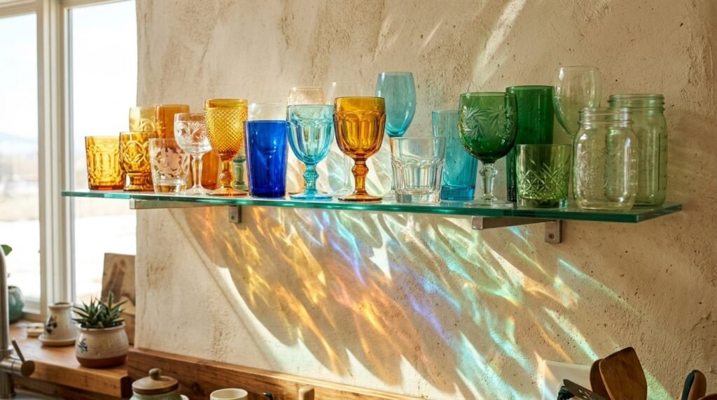 Set of clear drinking glasses sitting neatly on a polished wooden table.