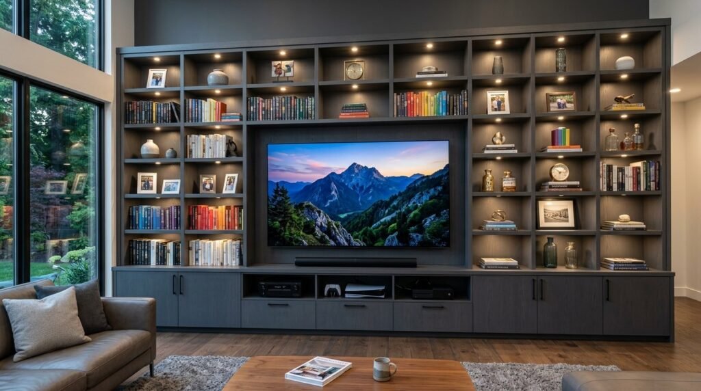 A sleek, modern entertainment center arranged in a stylish living room setting.