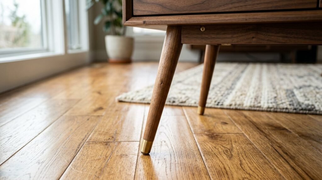 Close up shot of stylish modern furniture legs resting on a clean floor surface.