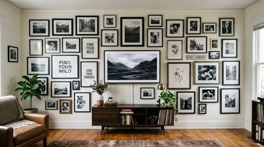 A tastefully arranged modern gallery wall featuring minimalist frames on a neutral wall.
