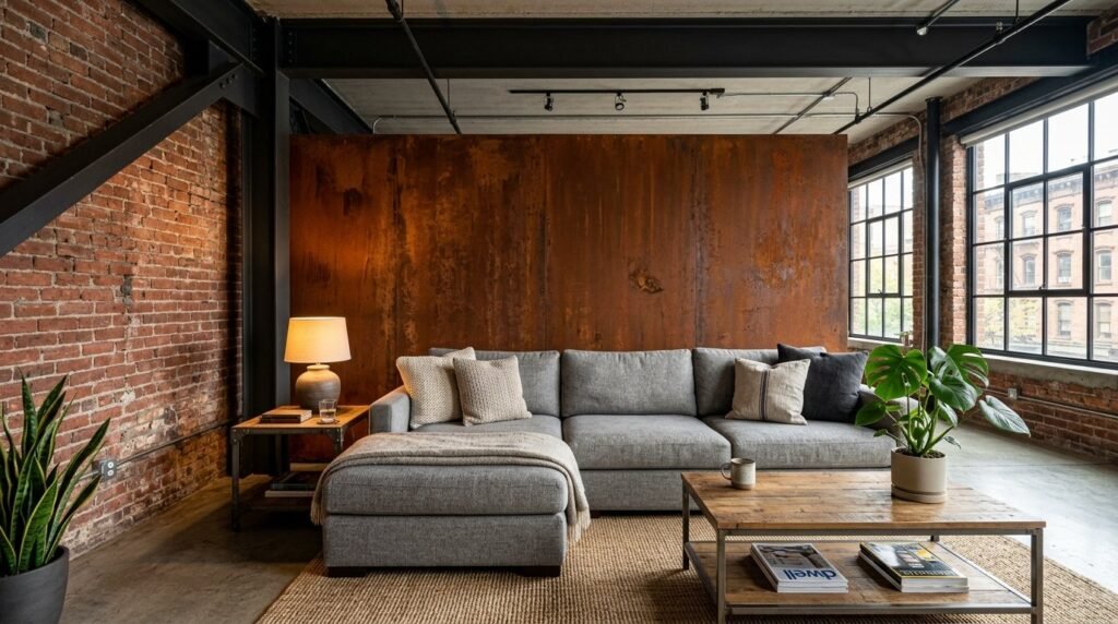 A beautifully designed modern living room featuring a stylish dark grey accent wall.