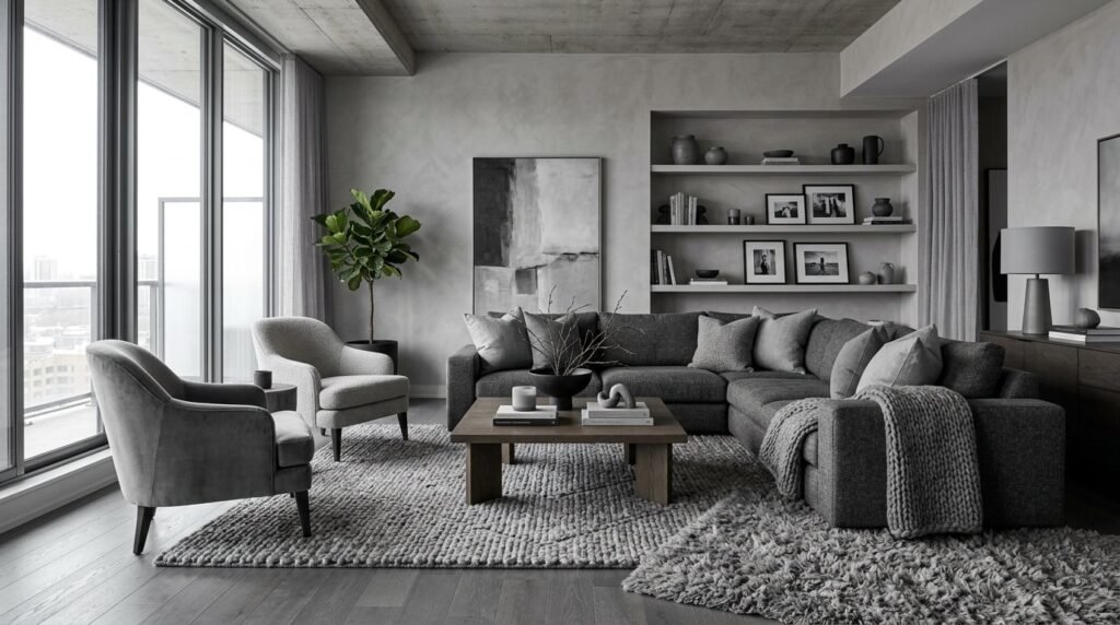 Close up view of modern grey furniture with a distinct woven textured fabric finish.