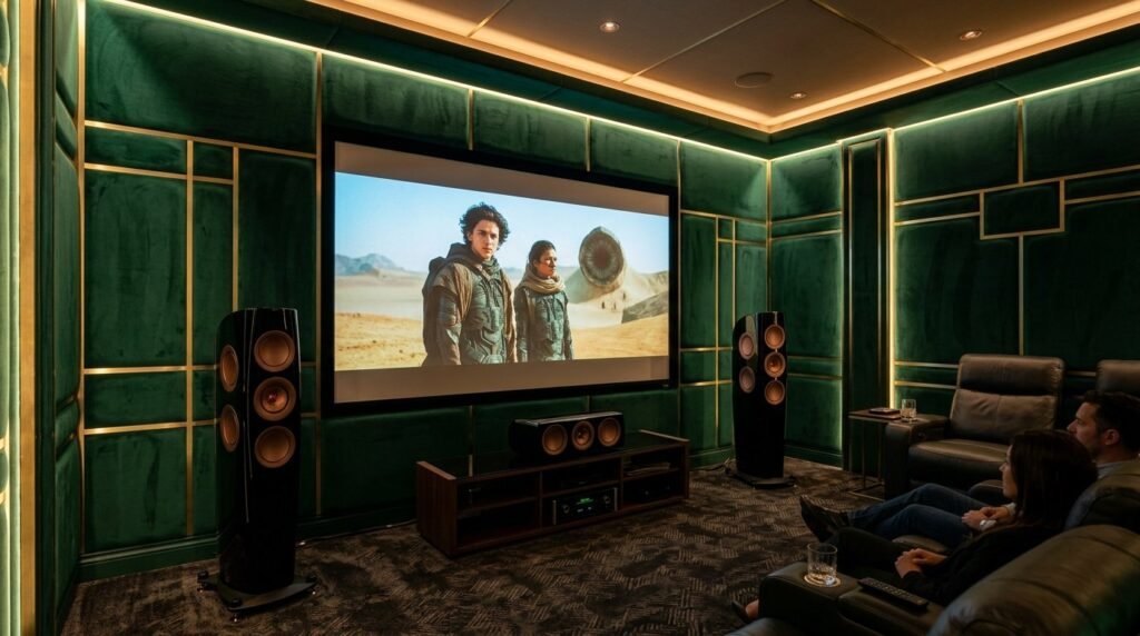 A sleek modern home theater wall featuring integrated lighting and professional acoustic paneling.