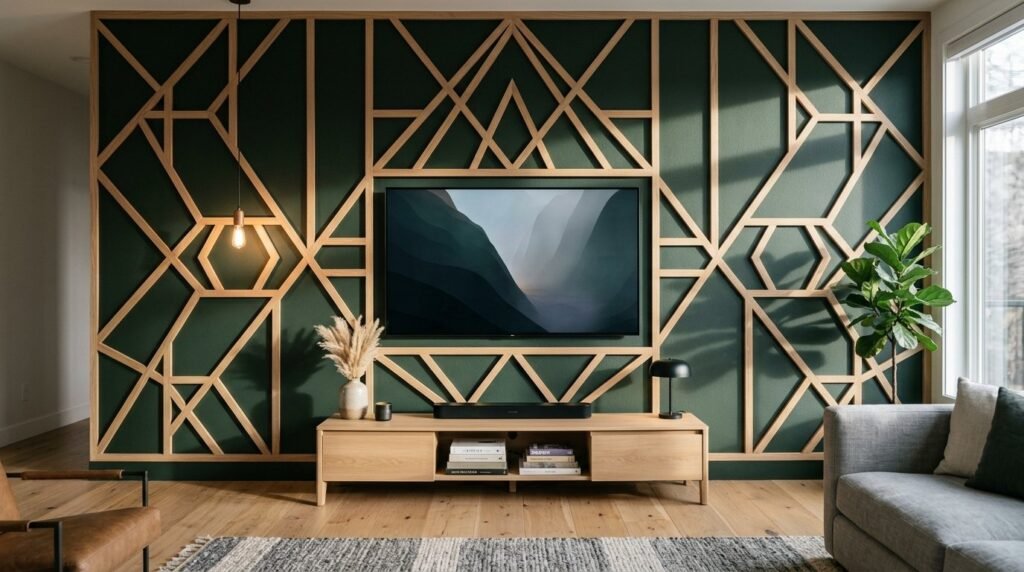 A beautifully styled interior room featuring a modern decorative accent wall with professional lighting.