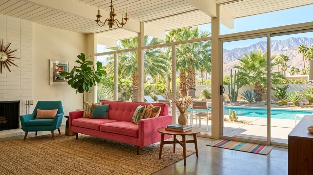 A tastefully decorated modern room featuring minimalist decor with soft pink color accents and warm lighting.