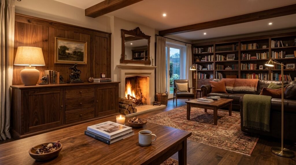 Modern interior room design with high-end walnut wood wall paneling and natural lighting.