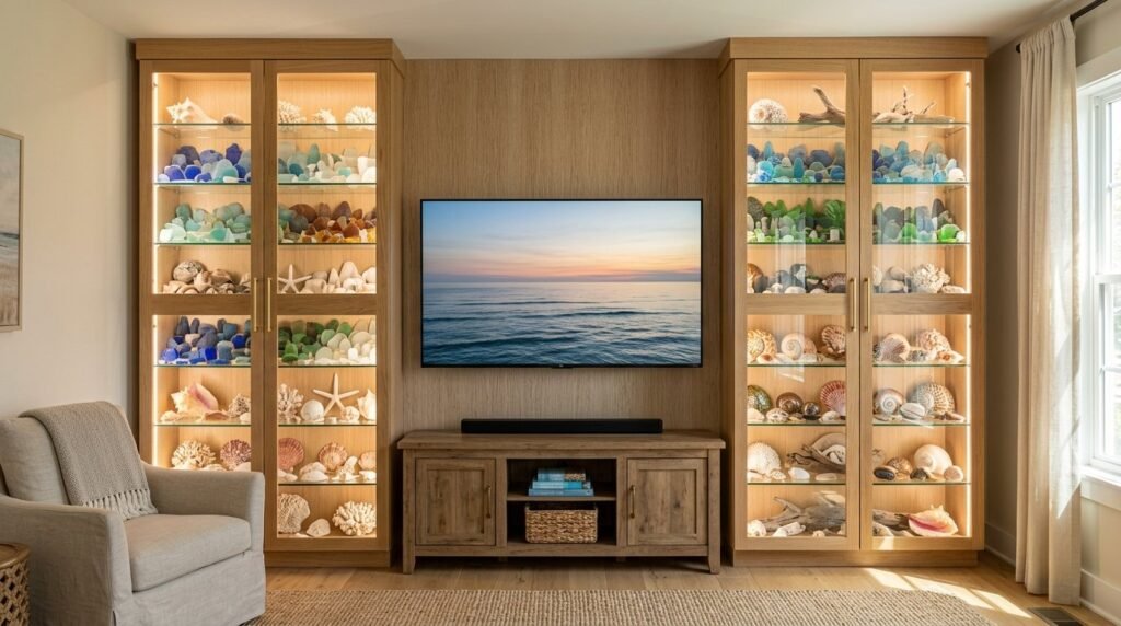 A series of elegant modern display cabinets showcasing interior design storage solutions.