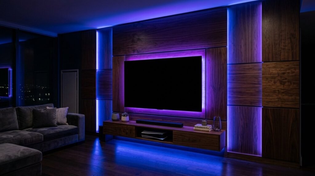 A stylish modern media wall with integrated screen and minimalist shelving in a contemporary living room.