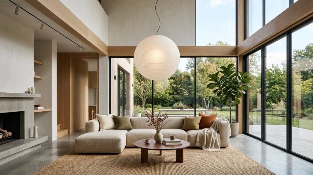A stylish room interior showcasing a contemporary pendant light fixture hanging from the ceiling.