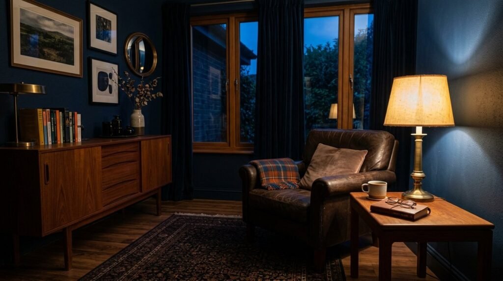 A stylish room interior featuring high-quality teak wood furniture and contemporary decor.