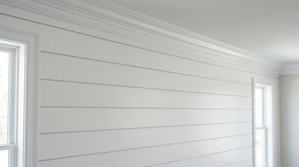 A beautifully designed modern interior space featuring a clean white shiplap accent wall.