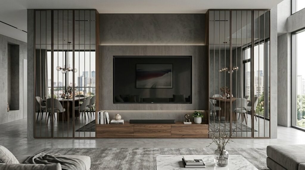 Sophisticated smoked mirrors flanking a wall in a modern living space.